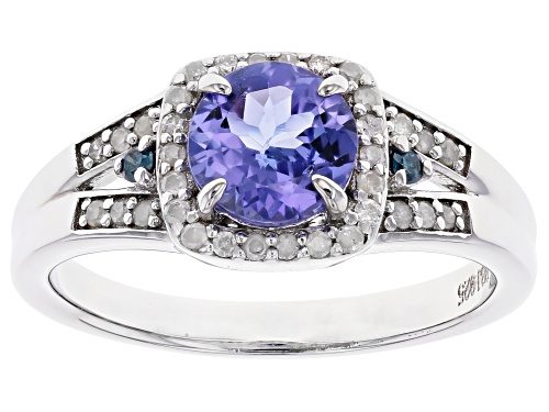 Photo of 0.85ct Round Blue Tanzanite With 0.03ctw Blue And 0.16ctw White Diamond Rhodium Over Silver Ring - Size 9
