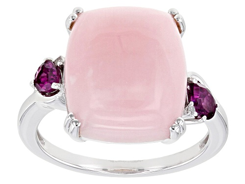 Photo of 14x12mm Cushion Pink Opal With 0.34ctw Rhodolite & White Diamond Accent Rhodium Over Silver Ring - Size 8