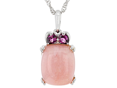 14x12mm Cushion Pink Opal, 0.34ctw Rhodolite, Diamond Accent Rhodium Over Silver Pendant Chain