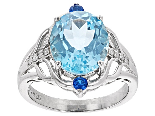 Photo of 5.00ct Glacier Topaz™, 0.14ctw Lab Blue Spinel With 0.07ctw Diamond Accent Rhodium Over Silver Ring - Size 9