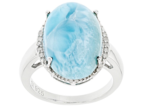 18x12mm Oval Cabochon Larimar With 0.06ctw  White Diamond Accent Rhodium Over Silver Ring - Size 8