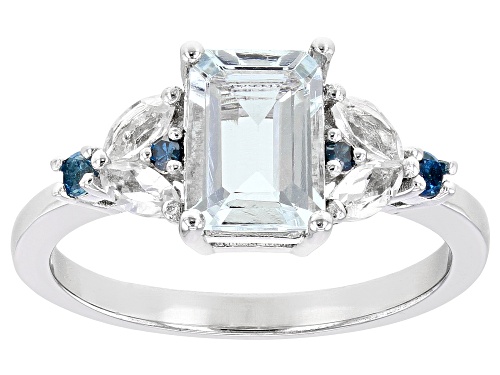 1.15ct Aquamarine, 0.42ctw London Blue & White Topaz, 0.03ctw Blue Diamond Rhodium Over Silver Ring - Size 10