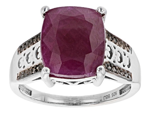 Photo of 6.88ct Indian Ruby With .04ctw Champagne Diamond Rhodium Over Sterling Silver Ring - Size 9