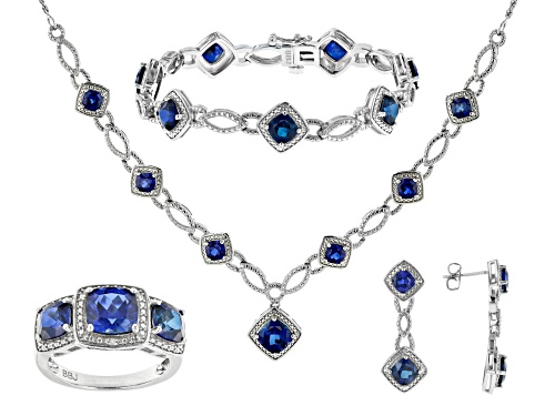 Photo of 18.41ctw Lab Sapphire & Diamond Rhodium Over Brass Necklace, Bracelet, Ring & Earring Jewelry Set