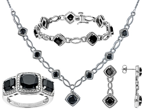 17.53ctw Black Spinel And Diamond Rhodium Over Brass Necklace, Bracelet, Ring And Earring Set