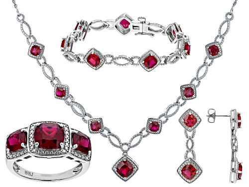 18.41ctw Lab Ruby And White Diamond Rhodium Over Brass Necklace, Bracelet, Ring And Earring Set