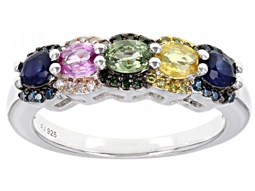 Photo of 1.06ctw Multi-Sapphire And 0.17ctw Multi Color Diamond Rhodium Over Sterling Silver Ring - Size 7