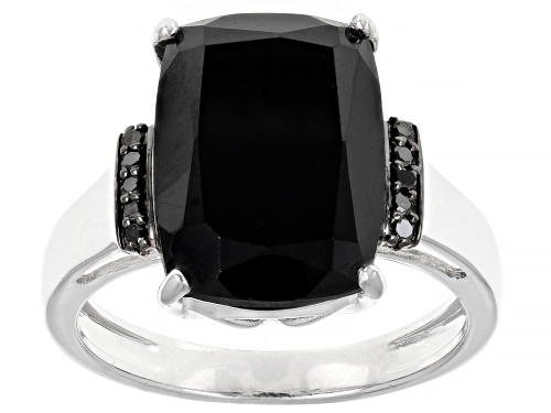 8.90ct Rectangular Cushion Black Spinel And 0.04ctw Black Diamond Rhodium Over Sterling Silver Ring - Size 7