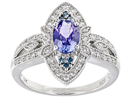 Photo of 0.64ct Tanzanite, 0.05ctw Blue Diamond And 0.18ctw White Zircon Rhodium Over Sterling Silver Ring - Size 8