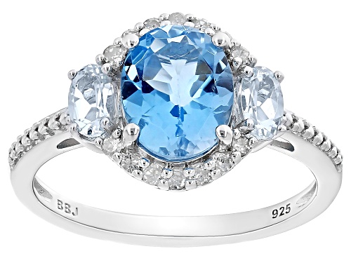 1.91ct Swiss Blue Topaz, 0.34ctw Aquamarine With 0.12ctw White Diamond Rhodium Over Silver Ring - Size 7