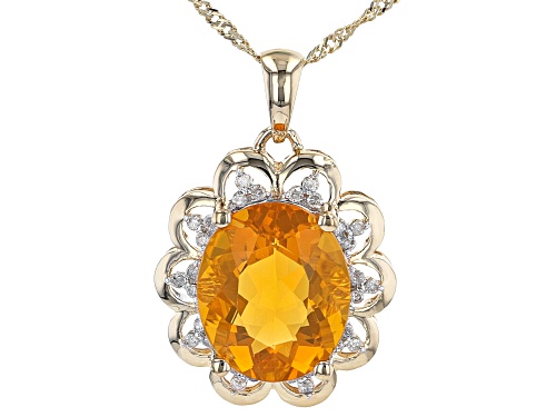 Photo of 12X10mm Oval Mexican Fire Opal With .13ctw Round Diamond Accent 14K Yellow Gold Pendant With Chain