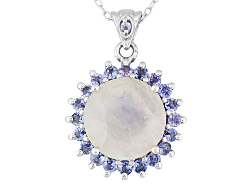 Photo of 12mm Round Rainbow Moonstone With .52ctw Round Tanzanite Sterling Silver Pendant With Chain