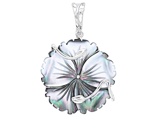 35mm Carved Black Tahitian Mother of Pearl Rhodium Over Sterling Silver Flower Enhancer Pendant