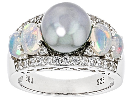 9-9.5mm Cultured Tahitian Pearl with Ethiopian Opal & White Zircon Rhodium Over Sterling Silver Ring - Size 11
