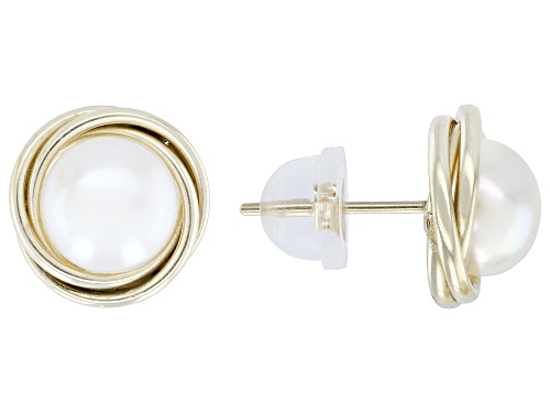 7-7.5mm White Cultured Freshwater Pearl 14k Yellow Gold Love Knot Stud Earrings