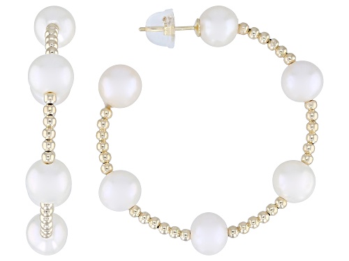 6-7mm White Cultured Freshwater Pearl 14k Yellow Gold Hoop Earrings