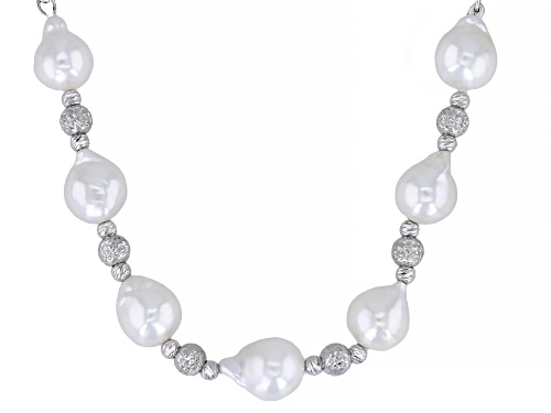 7-8mm White Cultured Japanese Akoya Pearl Rhodium Over Sterling Silver Necklace - Size 18
