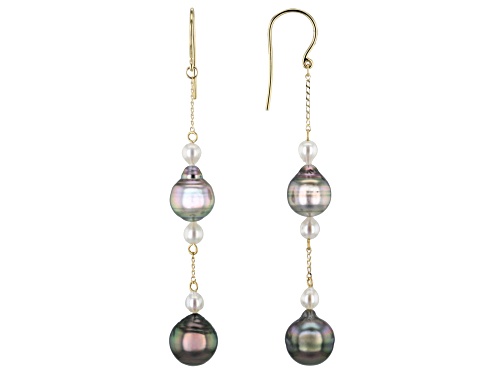 3-4mm Cultured Japanese Akoya & 8-10mm Cultured Tahitian Pearl 14k yellow Gold Dangle Earrings