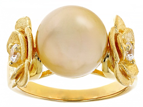 11mm Golden Cultured South Sea Pearl & 0.40ctw White Zircon 18k Yellow Gold Over Silver Ring - Size 12