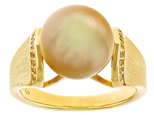 11mm Golden Cultured South Sea Pearl with 0.16ctw White Zircon 18k Gold Over Sterling Silver Ring - Size 7