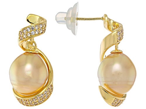10-11mm Golden Cultured South Sea Pearl & 0.61ctw White Zircon 18k Gold Over Silver Earrings