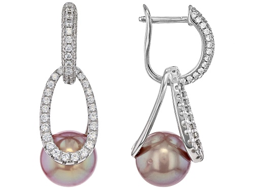 9.5mm Lavender Cultured Kasumiga Pearl With Cubic Zirconia Rhodium over Sterling Drop Earrings