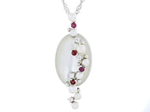South Sea Mother-of-Pearl, Cultured Freshwater Pearl & Multi-Gem Rhodium Over Silve Pendant/Chain