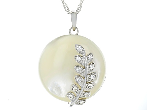 White South Sea Mother-Of-Pearl With White Zircon Rhodium Over Sterling Silver Pendant