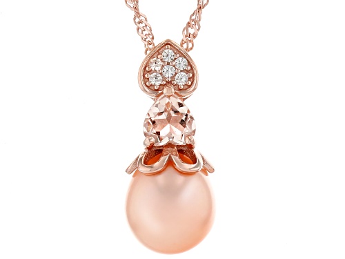 8.5-9mm Pink Cultured Freshwater Pearl with Morganite & Zircon 18k Rose Gold Over Silver Pendant