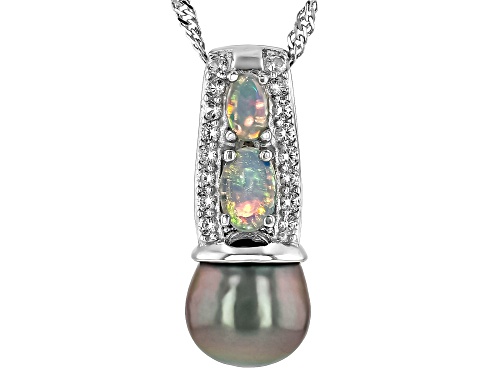 9-9.5mm Cultured Tahitian Pearl with Ethiopian Opal & White Zircon Rhodium Over Silver Pendant