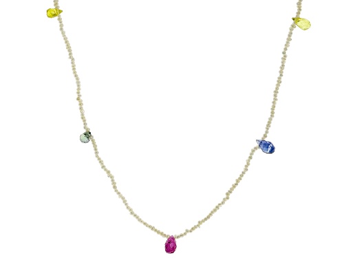 White Cultured Seed Pearls With Multi Color Sapphire 18k Yellow Gold Necklace - Size 18