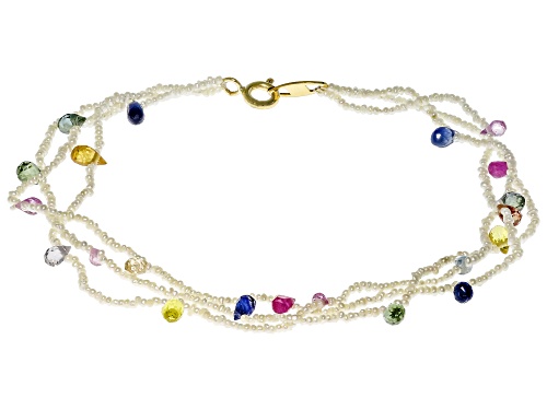 White Cultured Seed Pearls With Multi Color Sapphire 18k Yellow Gold Three Strand Bracelet - Size 7