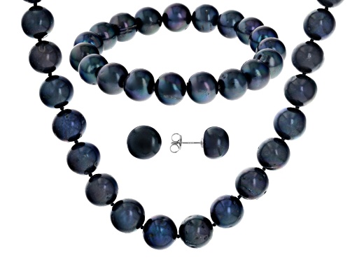 10.5mm Black Cultured Freshwater Pearl Rhodium Over Sterling Silver Necklace Bracelet & Earring Set