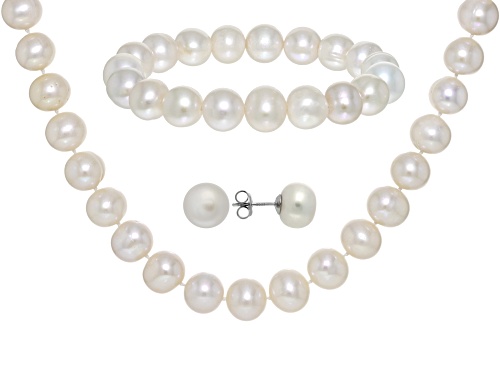10.5mm White Cultured Freshwater Pearl Rhodium Over Sterling Silver Necklace Bracelet & Earring Set