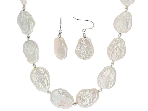 Genusis™ 13-15mm White Cultured Freshwater Pearl Rhodium Over Silver Necklace And Earring Set