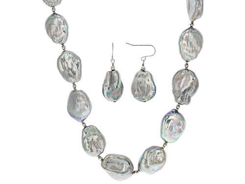 Genusis™ 13-15mm Platinum Cultured Freshwater Pearl Rhodium Over Silver Necklace And Earring Set
