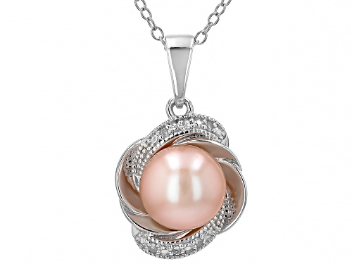 8-9mm Peach Cultured Freshwater Pearl With Diamond Accent Rhodium Over Sterling Silver Pendant
