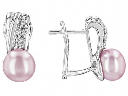 8-8.5mm Lavender Cultured Freshwater Pearl And White Zircon Rhodium Over Sterling Silver Earrings