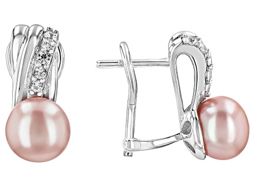 8-8.5mm Pink Cultured Freshwater Pearl And White Zircon Rhodium Over Sterling Silver Earrings