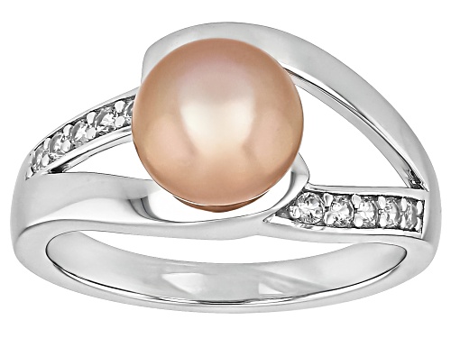 8-9mm Pink Cultured Freshwater Pearl With White Zircon Rhodium Over Sterling Silver Ring - Size 11