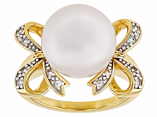 11mm White Cultured Freshwater Pearl With White Zircon 18k Yellow Gold Over Sterling Silver Ring - Size 12