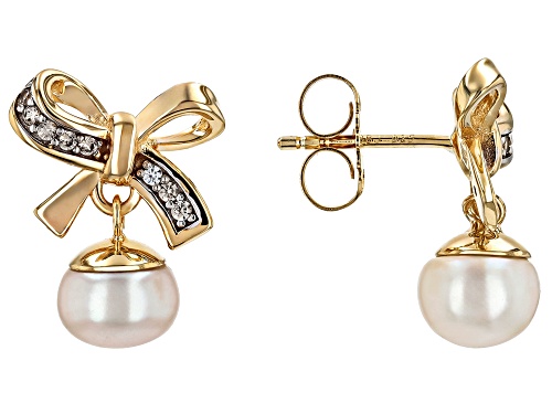 White Cultured Freshwater Pearl With White Zircon 18k Yellow Gold & Rhodium Over Silver Earrings