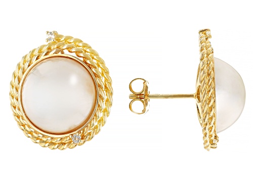 13mm White Cultured South Sea Mabe Pearl with Topaz 18k Yellow Gold Over Sterling Silver Earrings