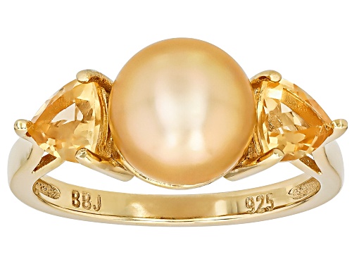 8mm Golden Cultured South Sea Pearl With Citrine 18k Yellow Gold Over Sterling Silver Ring - Size 12