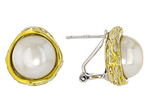 11.5mm White Cultured Freshwater Pearl 18k Yellow Gold & Rhodium Over Silver Two-Tone Earrings