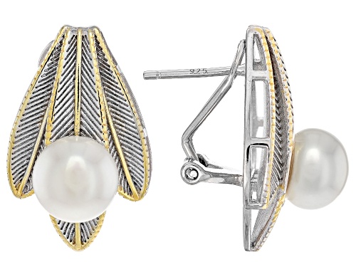 8.5mm White Cultured Freshwater Pearl 18k Yellow Gold & Rhodium Over Silver Two-Tone Earrings