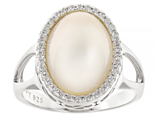 10mm White Cultured South Sea Mabe Pearl With White Topaz Rhodium Over Sterling Silver Ring - Size 12