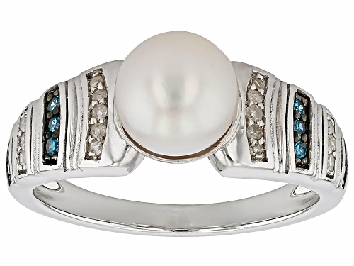 7mm Cultured Japanese Akoya Pearl With 0.26ctw Blue & White Diamond Rhodium Over Silver Ring - Size 12