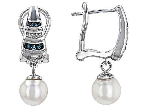 7mm Cultured Japanese Akoya Pearl With 0.11ctw Blue & White Diamond Rhodium Over Silver Earrings