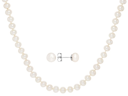 7-8mm White Cultured Freshwater Pearl Rhodium Over Sterling Silver 18 Inch Necklace and Earring Set